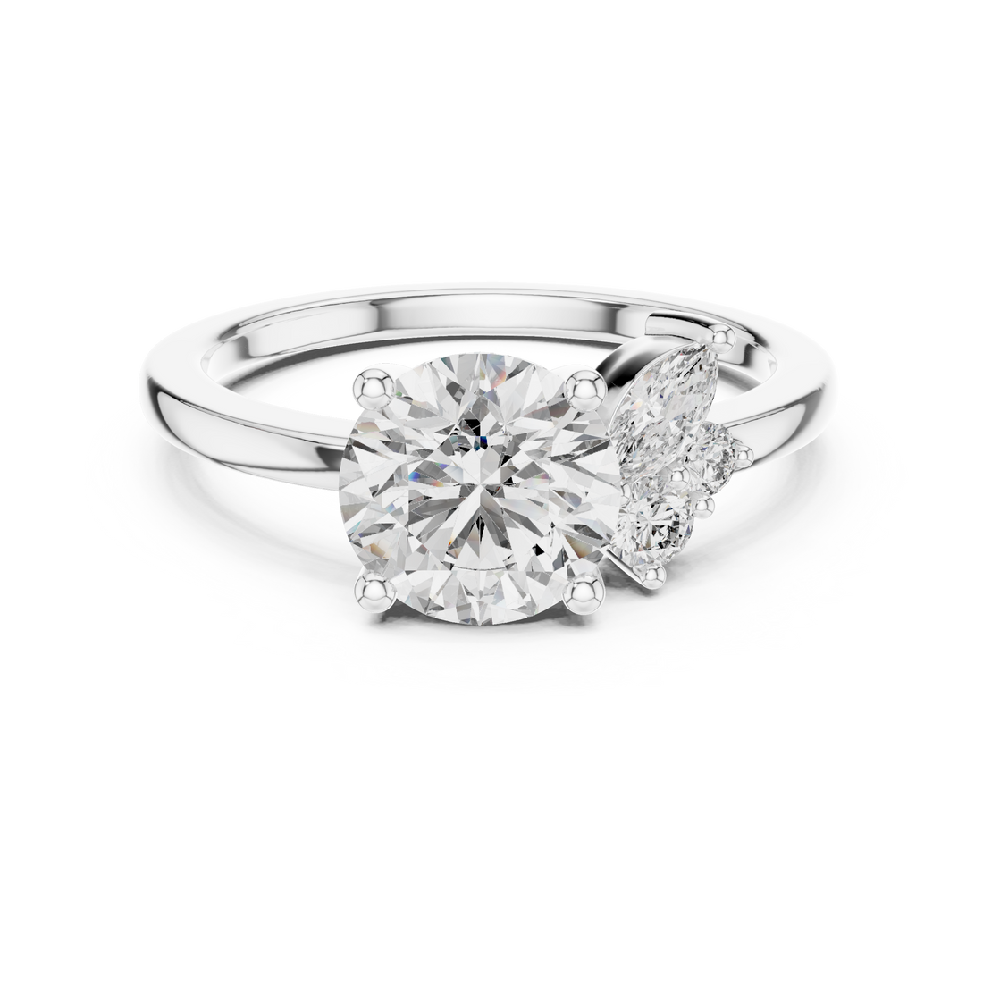 Round Brilliant Diamond Solitaire with Marquise Side Stone Cluster Engagement Ring