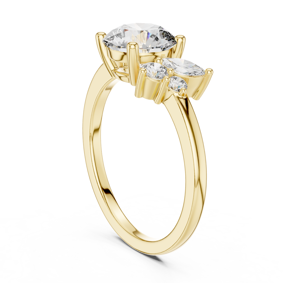Round Brilliant Diamond Solitaire with Marquise Side Stone Cluster Engagement Ring