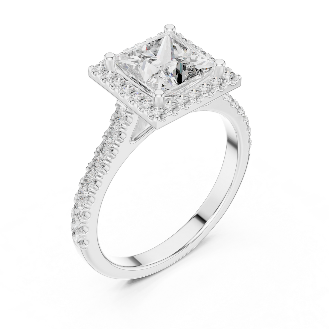 Princess Cut Diamond Halo Engagement Ring with Pavé Band
