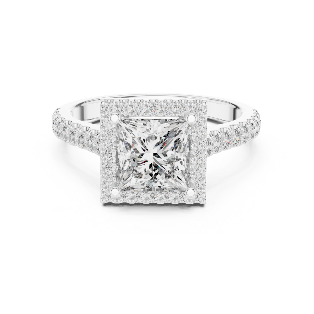 Princess Cut Diamond Halo Engagement Ring with Pavé Band