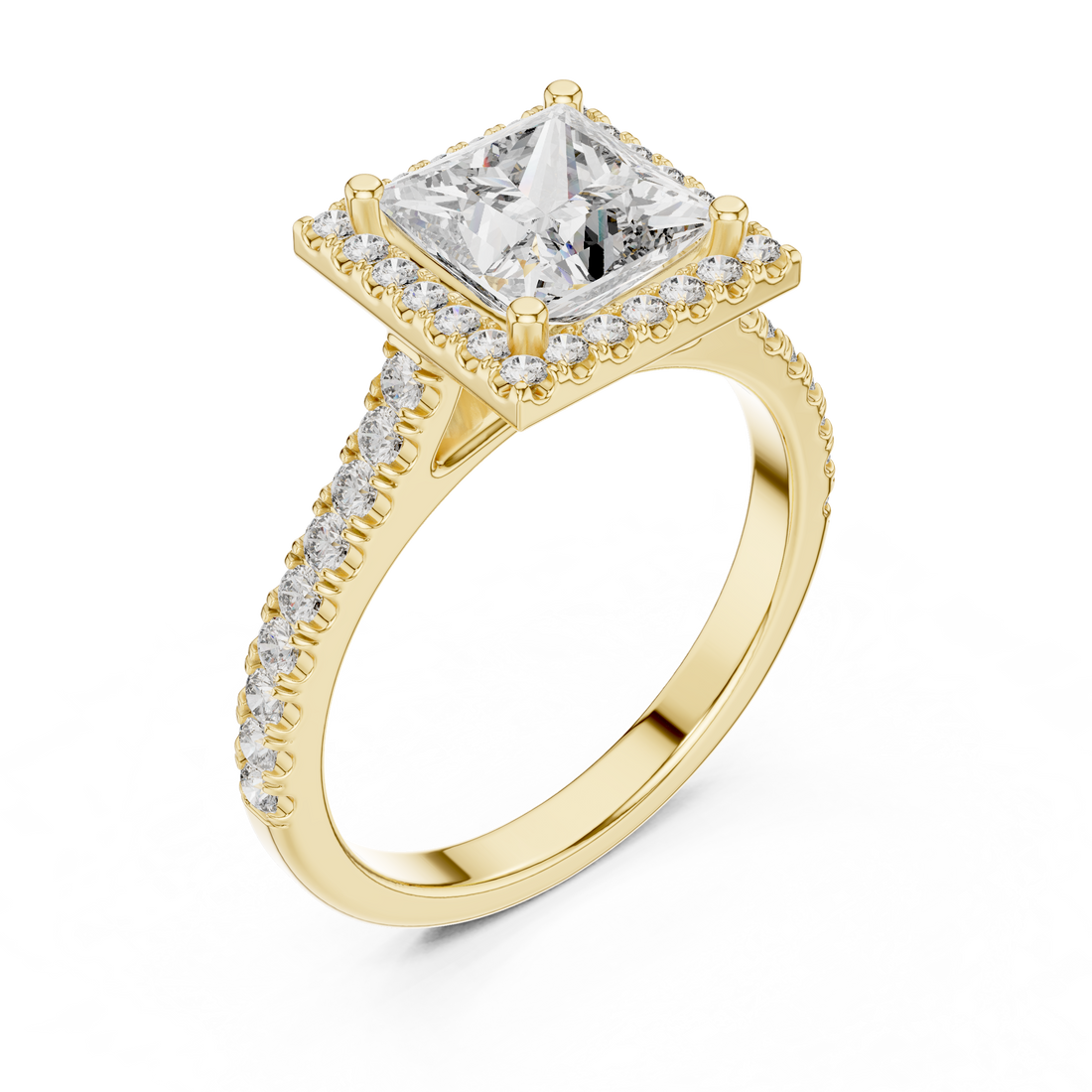 Princess Cut Diamond Halo Engagement Ring with Pavé Band