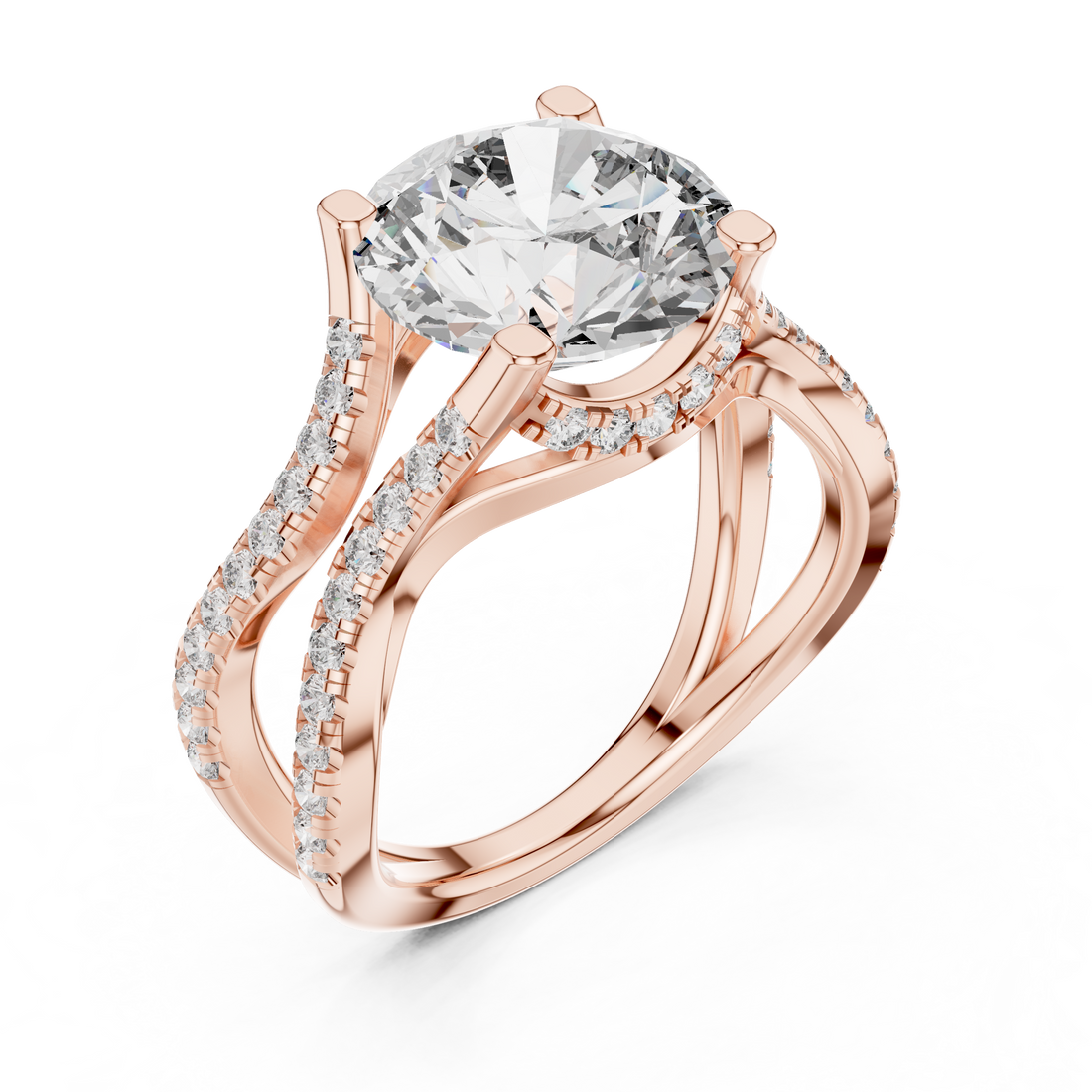 Round Brilliant Diamond Split Twist Pavé Solitaire Engagement Ring