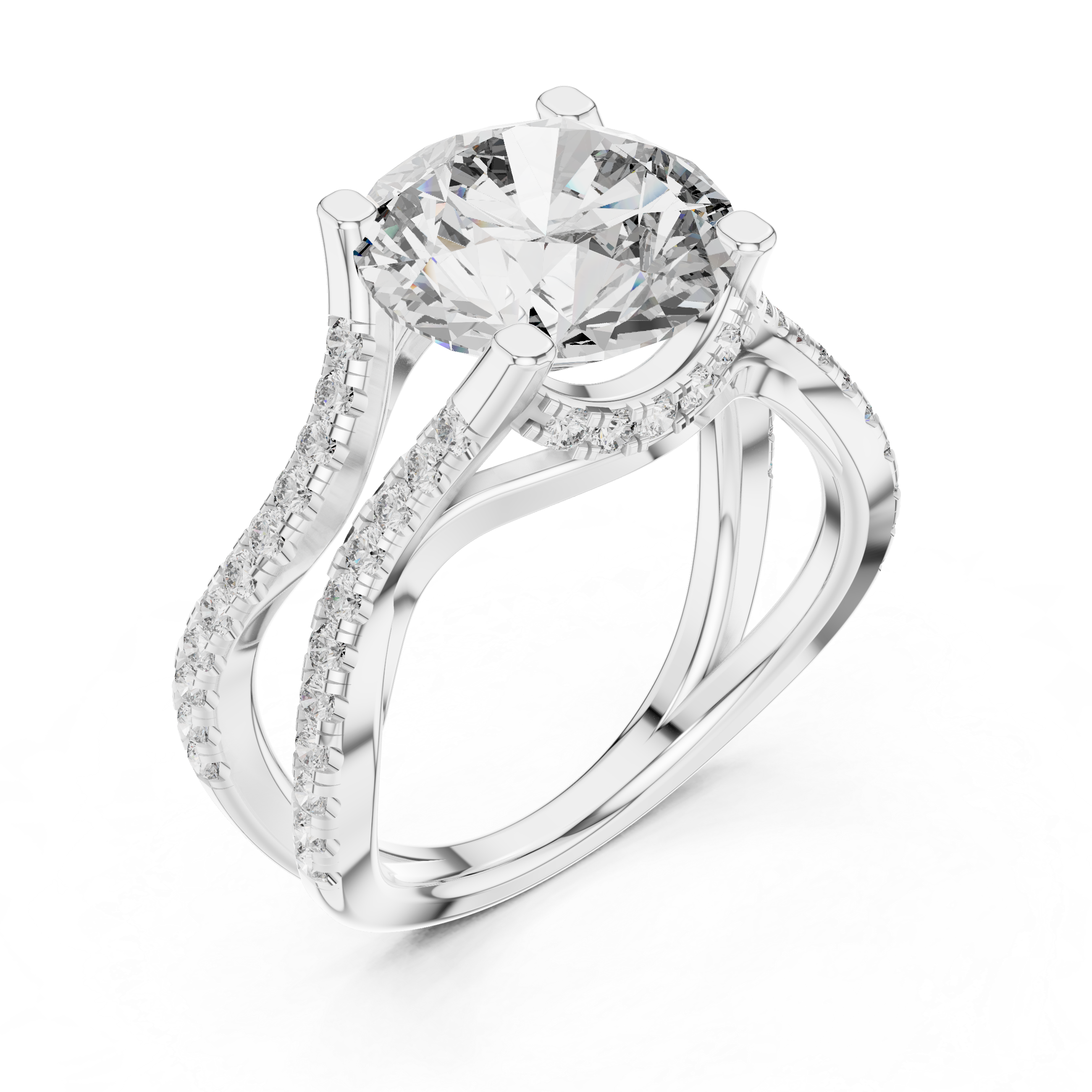 Round Brilliant Diamond Split Twist Pavé Solitaire Engagement Ring