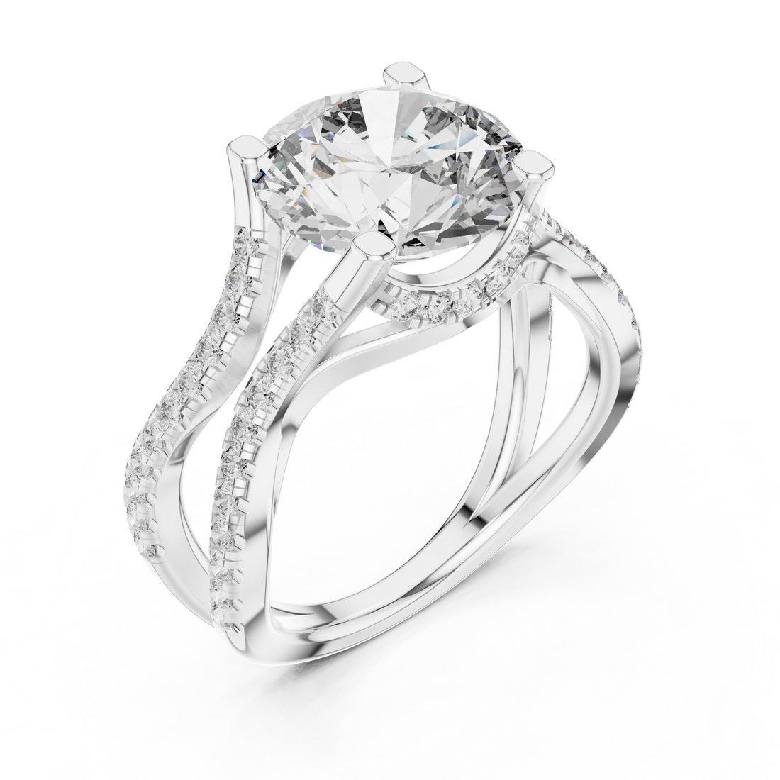 Round Brilliant Diamond Split Twist Pavé Solitaire Engagement Ring