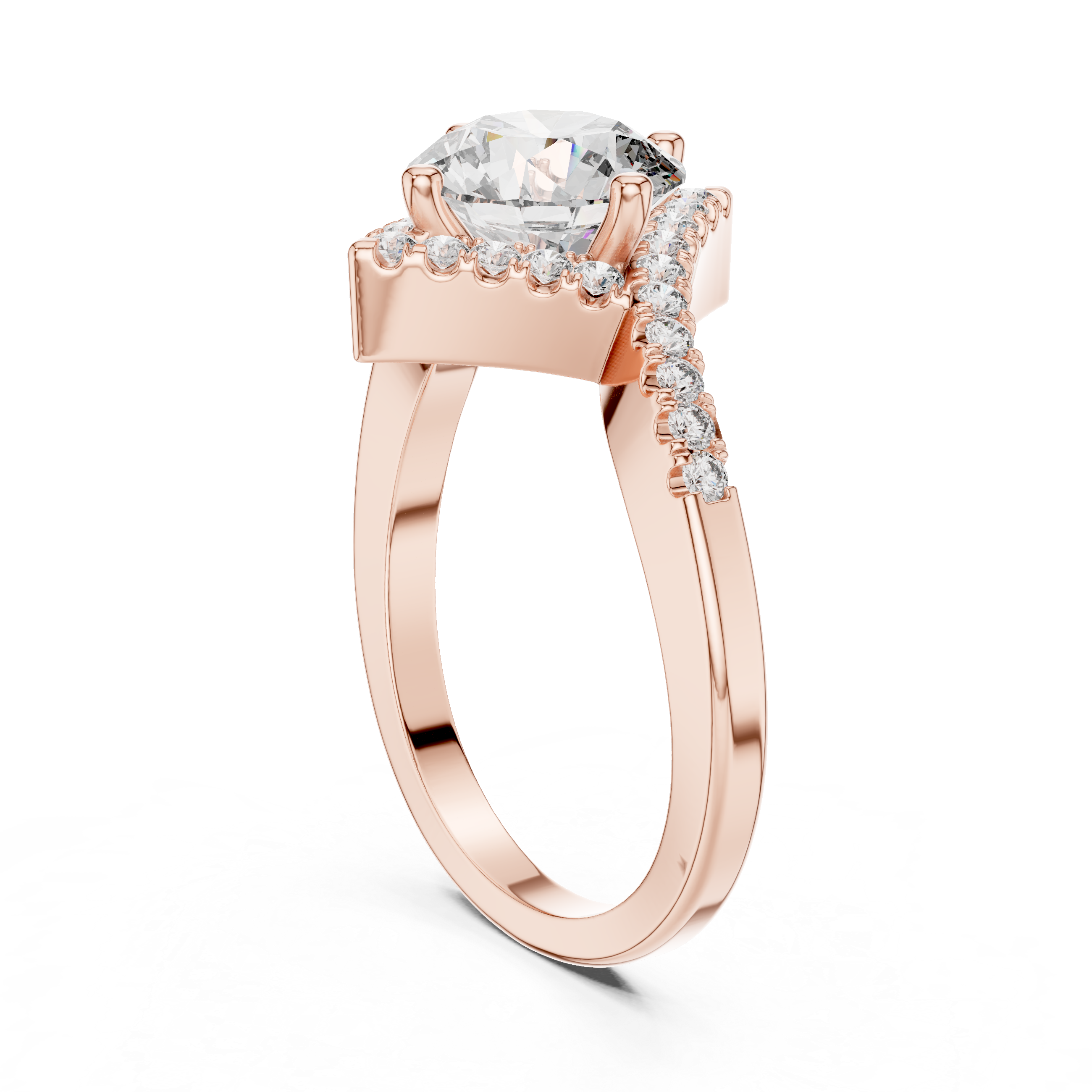 Radiant Round Diamond Halo Pavé Engagement Ring with Split Shank Elegance