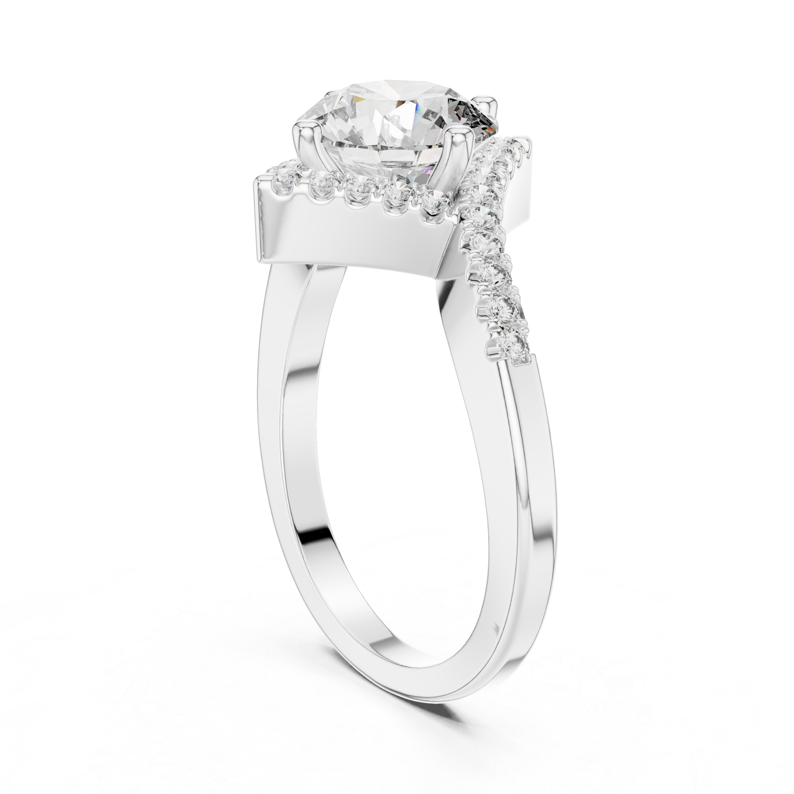 Radiant Round Diamond Halo Pavé Engagement Ring with Split Shank Elegance