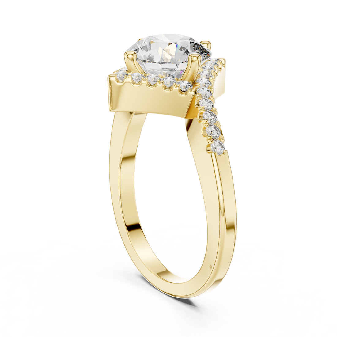 Radiant Round Diamond Halo Pavé Engagement Ring with Split Shank Elegance