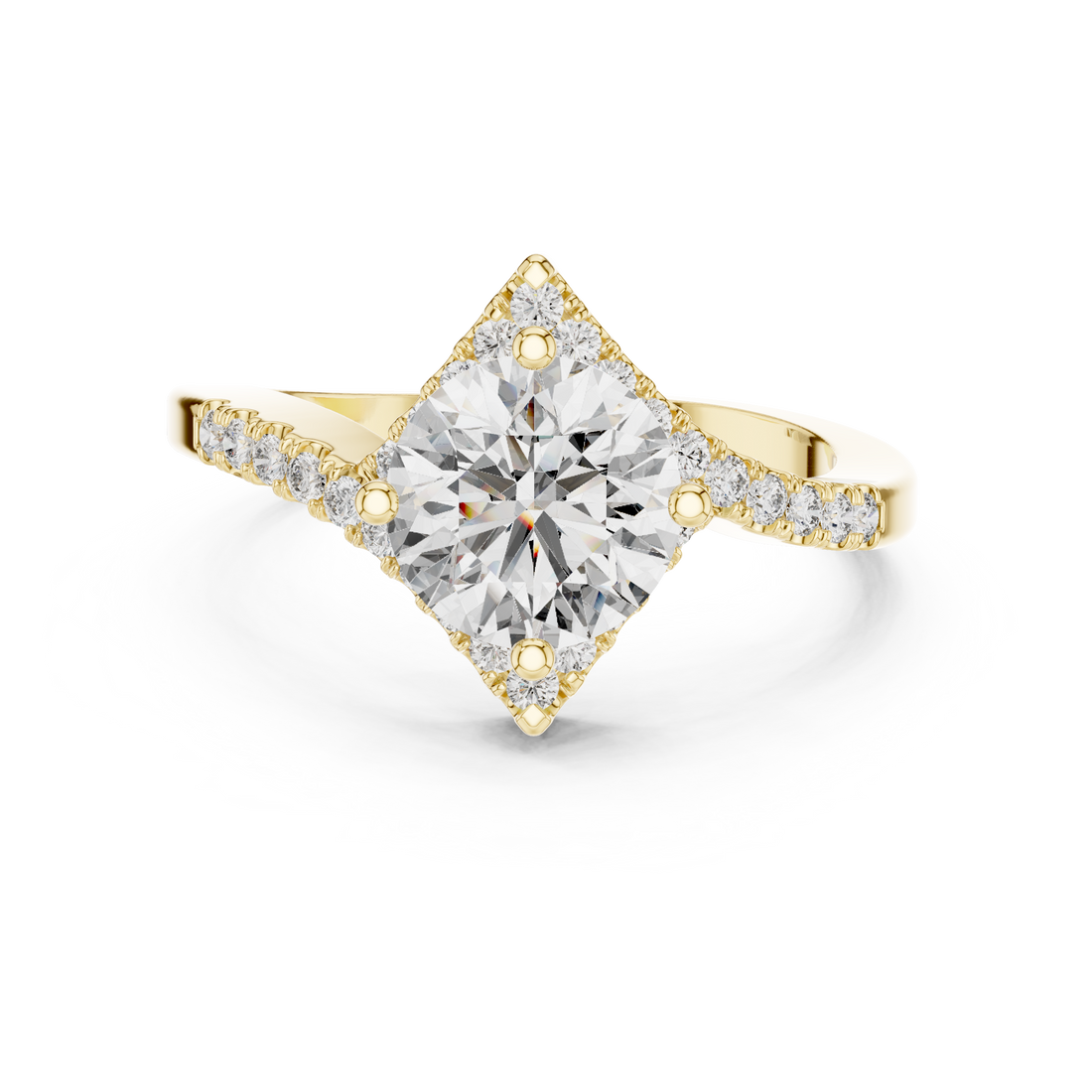 Radiant Round Diamond Halo Pavé Engagement Ring with Split Shank Elegance