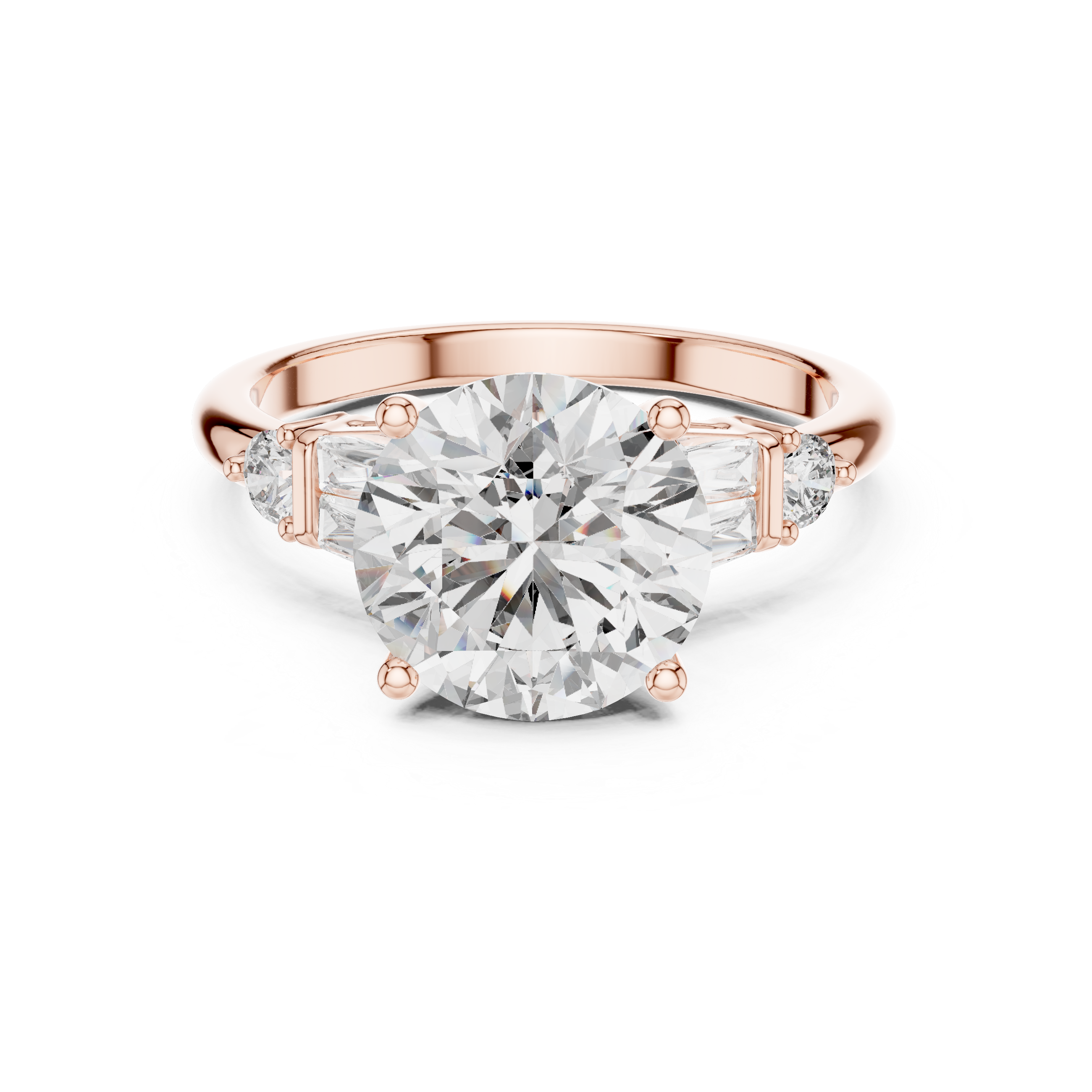 Timeless Round Brilliant Diamond Solitaire with Baguette Side Stones Engagement Ring