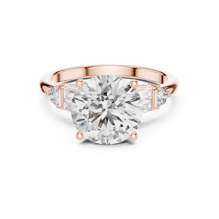 Timeless Round Brilliant Diamond Solitaire with Baguette Side Stones Engagement Ring
