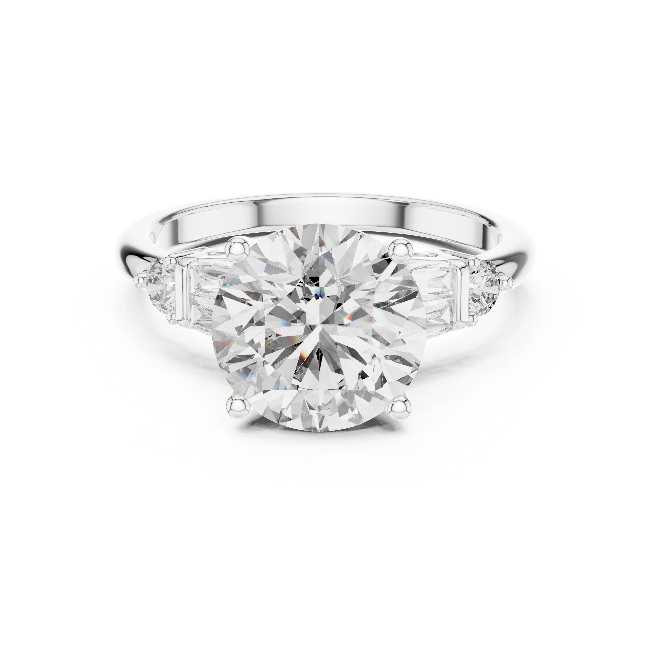 Timeless Round Brilliant Diamond Solitaire with Baguette Side Stones Engagement Ring