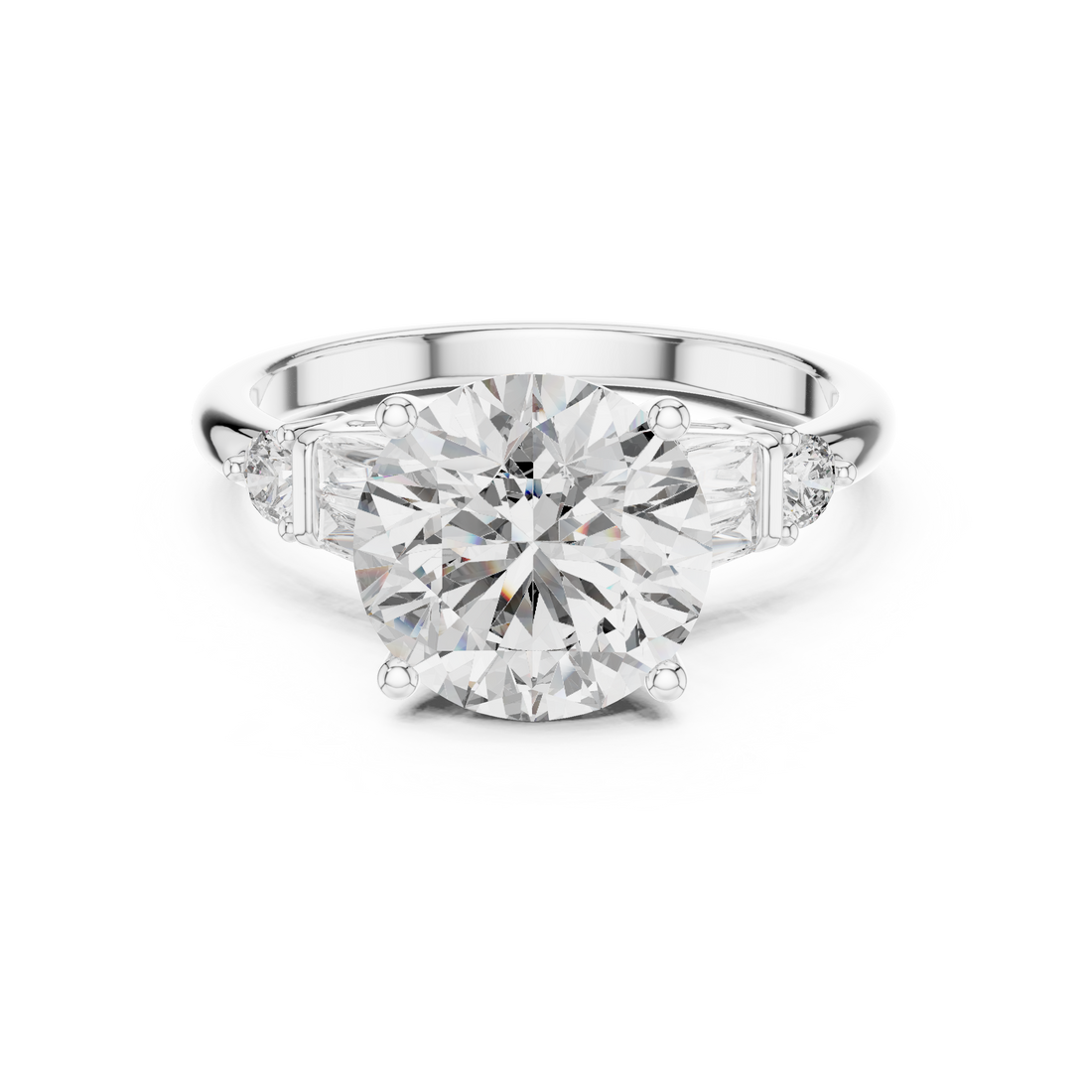 Timeless Round Brilliant Diamond Solitaire with Baguette Side Stones Engagement Ring