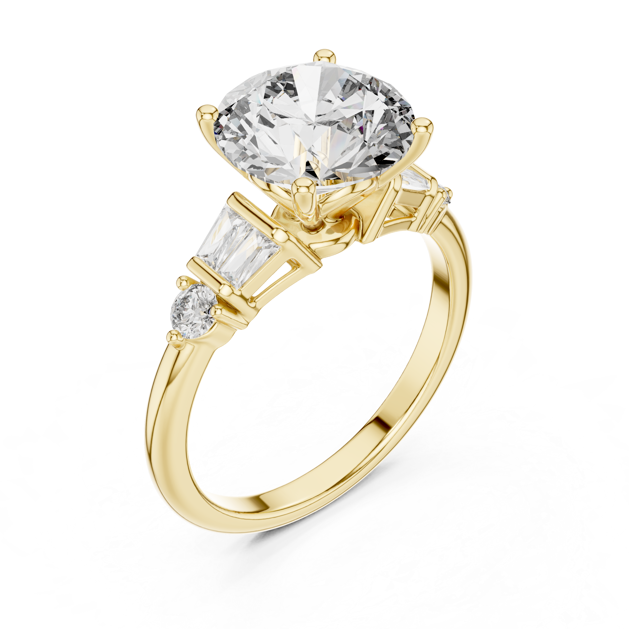 Timeless Round Brilliant Diamond Solitaire with Baguette Side Stones Engagement Ring