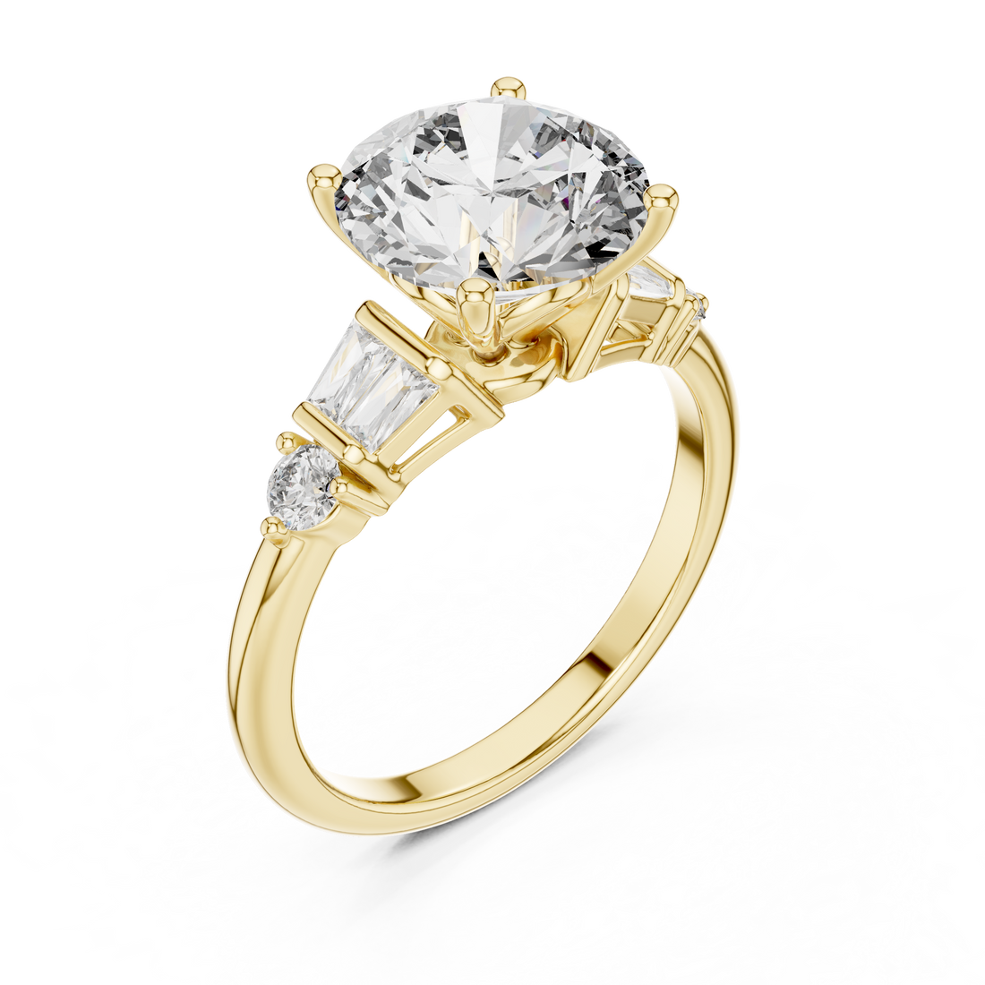 Timeless Round Brilliant Diamond Solitaire with Baguette Side Stones Engagement Ring