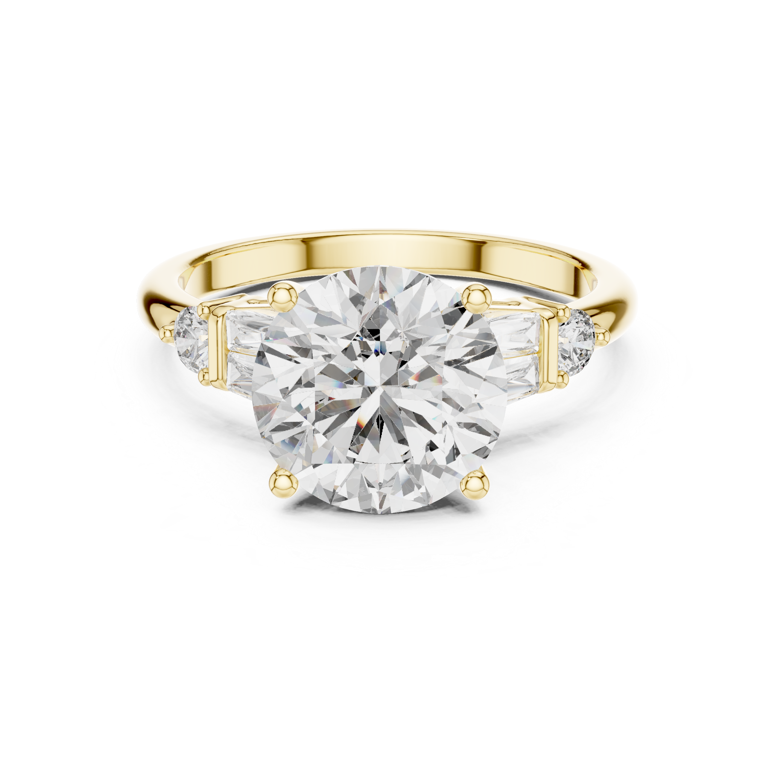 Timeless Round Brilliant Diamond Solitaire with Baguette Side Stones Engagement Ring