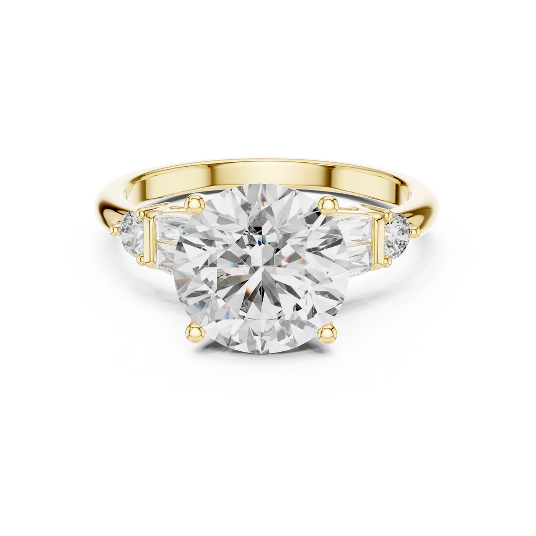 Timeless Round Brilliant Diamond Solitaire with Baguette Side Stones Engagement Ring