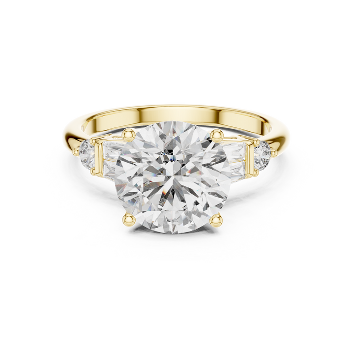 Timeless Round Brilliant Diamond Solitaire with Baguette Side Stones Engagement Ring
