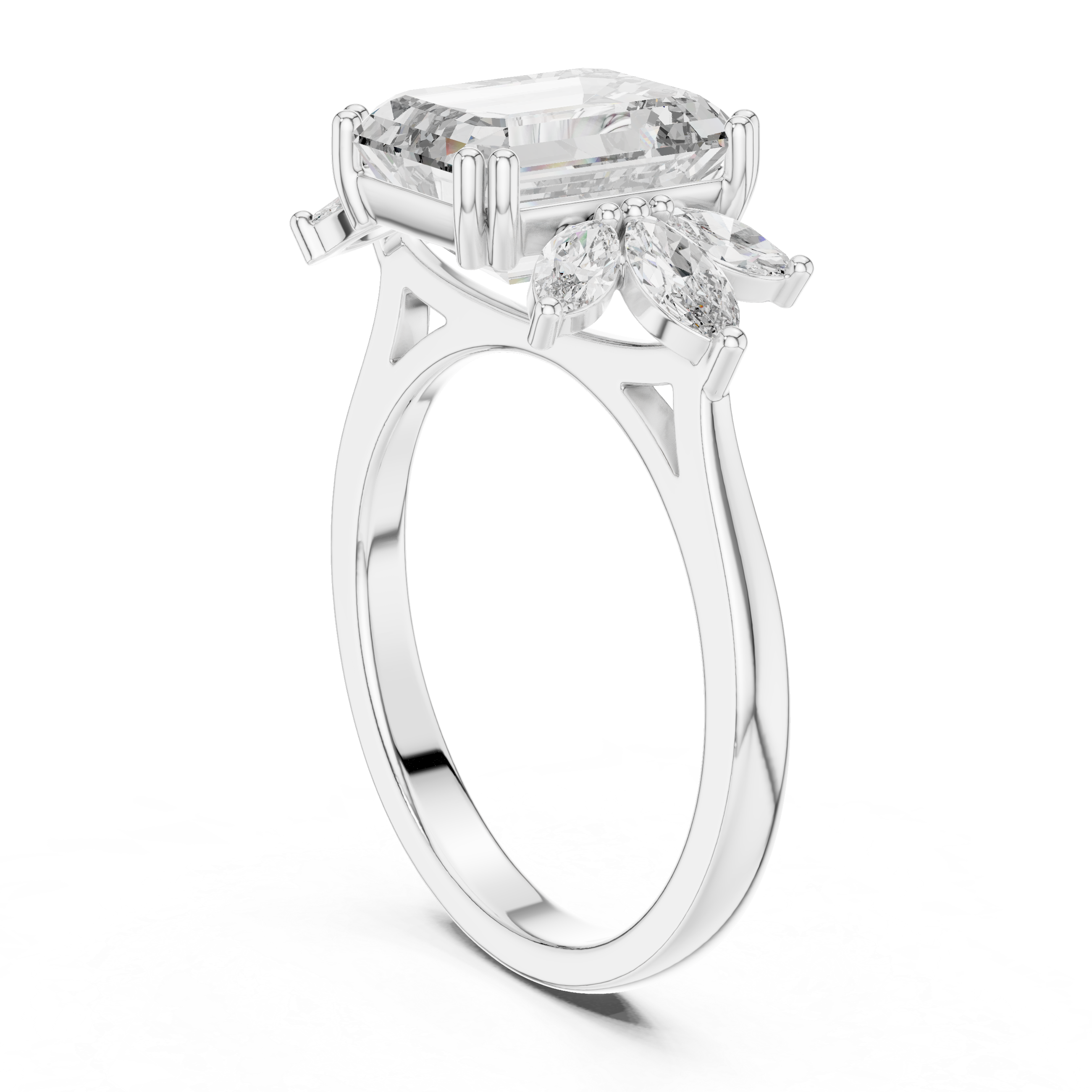 Emerald Cut Diamond Floral Side Stone Engagement Ring