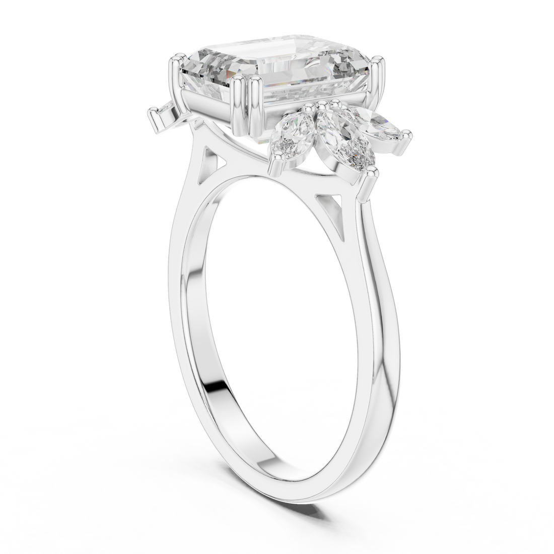 Emerald Cut Diamond Floral Side Stone Engagement Ring