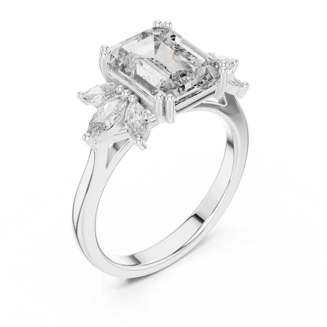 Emerald Cut Diamond Floral Side Stone Engagement Ring
