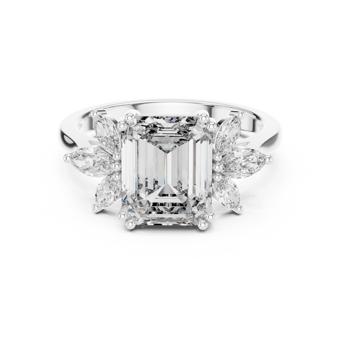 Emerald Cut Diamond Floral Side Stone Engagement Ring