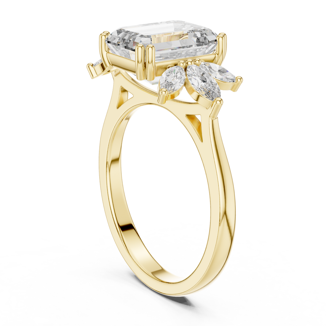 Emerald Cut Diamond Floral Side Stone Engagement Ring