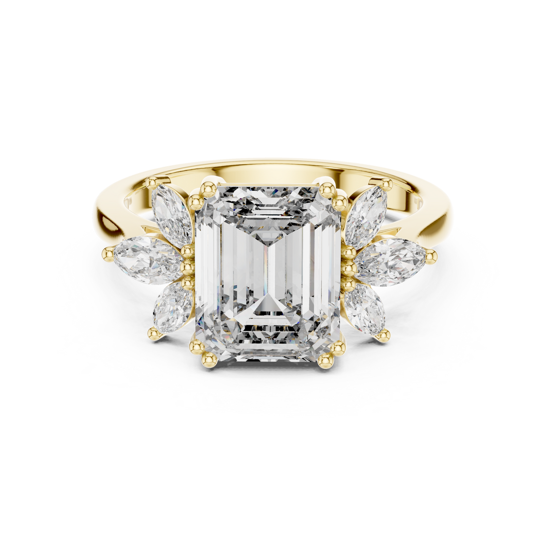 Emerald Cut Diamond Floral Side Stone Engagement Ring