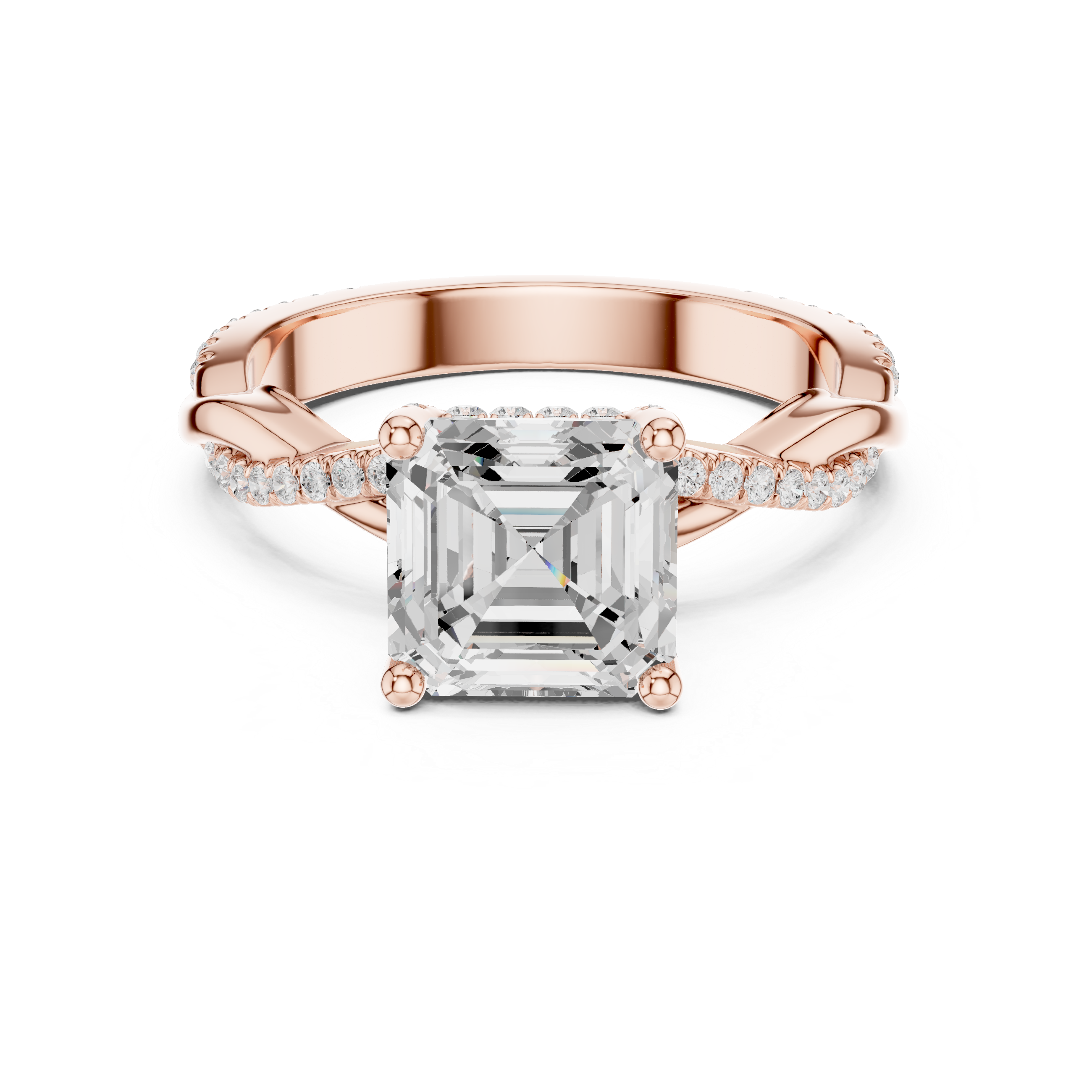 Sparkling Asscher Cut Diamond Twist Band Engagement Ring with Pavé Diamonds close-up accent detail
