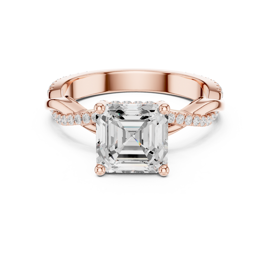 Sparkling Asscher Cut Diamond Twist Band Engagement Ring with Pavé Diamonds close-up accent detail