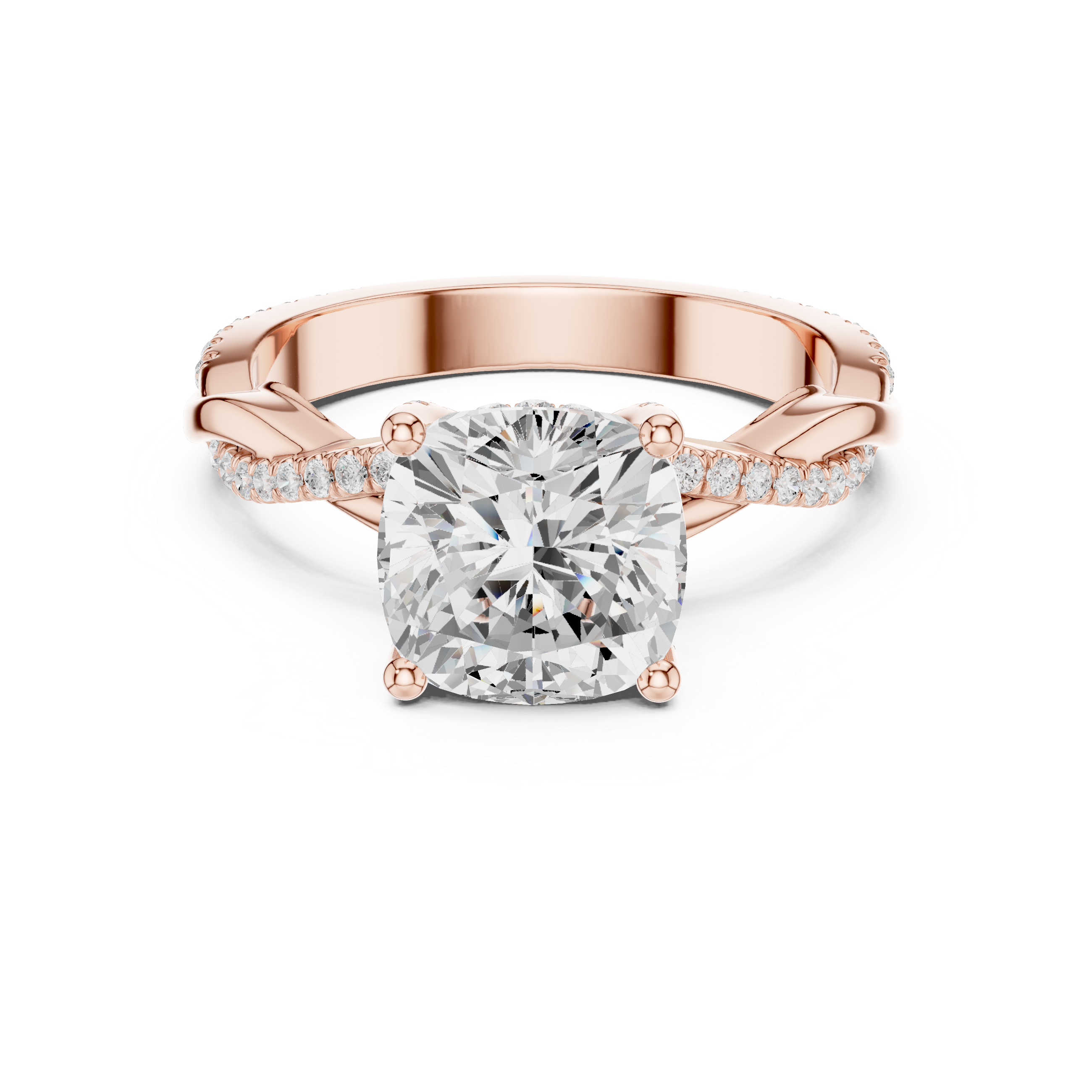 Sparkling Cushion Cut Diamond Twist Engagement Ring with Pavé Band close-up accent detail