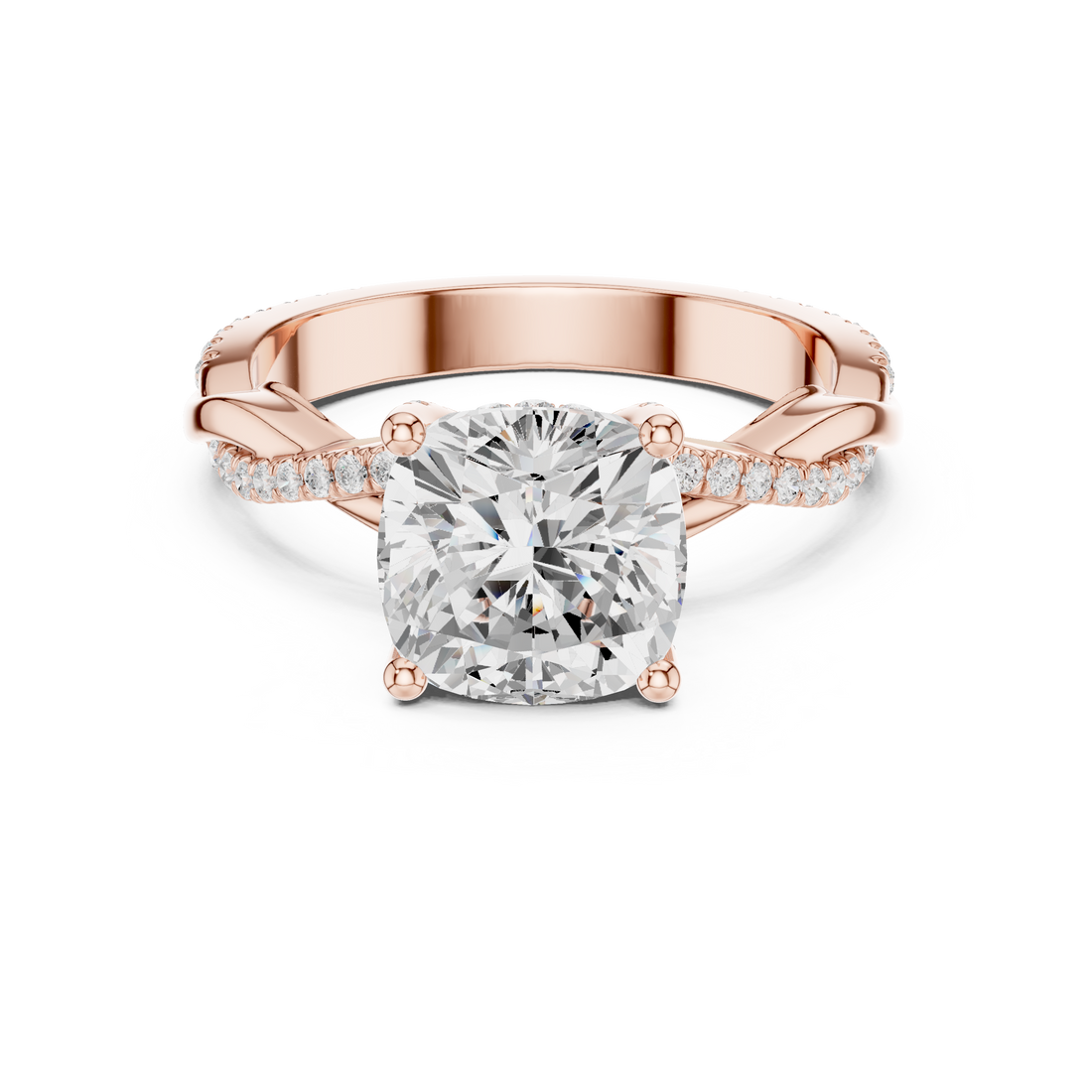 Sparkling Cushion Cut Diamond Twist Engagement Ring with Pavé Band close-up accent detail