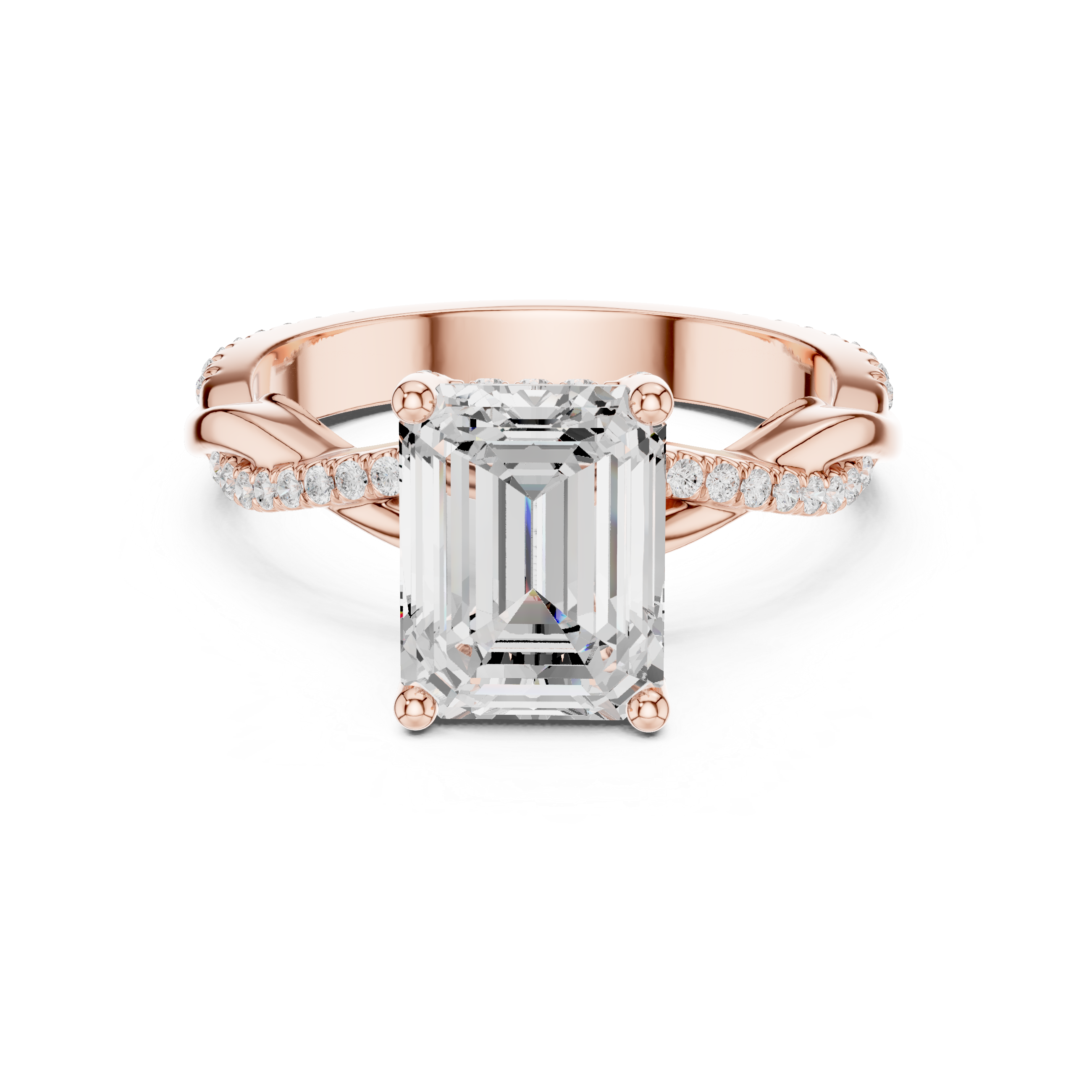Sparkling Emerald Cut Diamond Twist Band Engagement Ring close-up accent detail