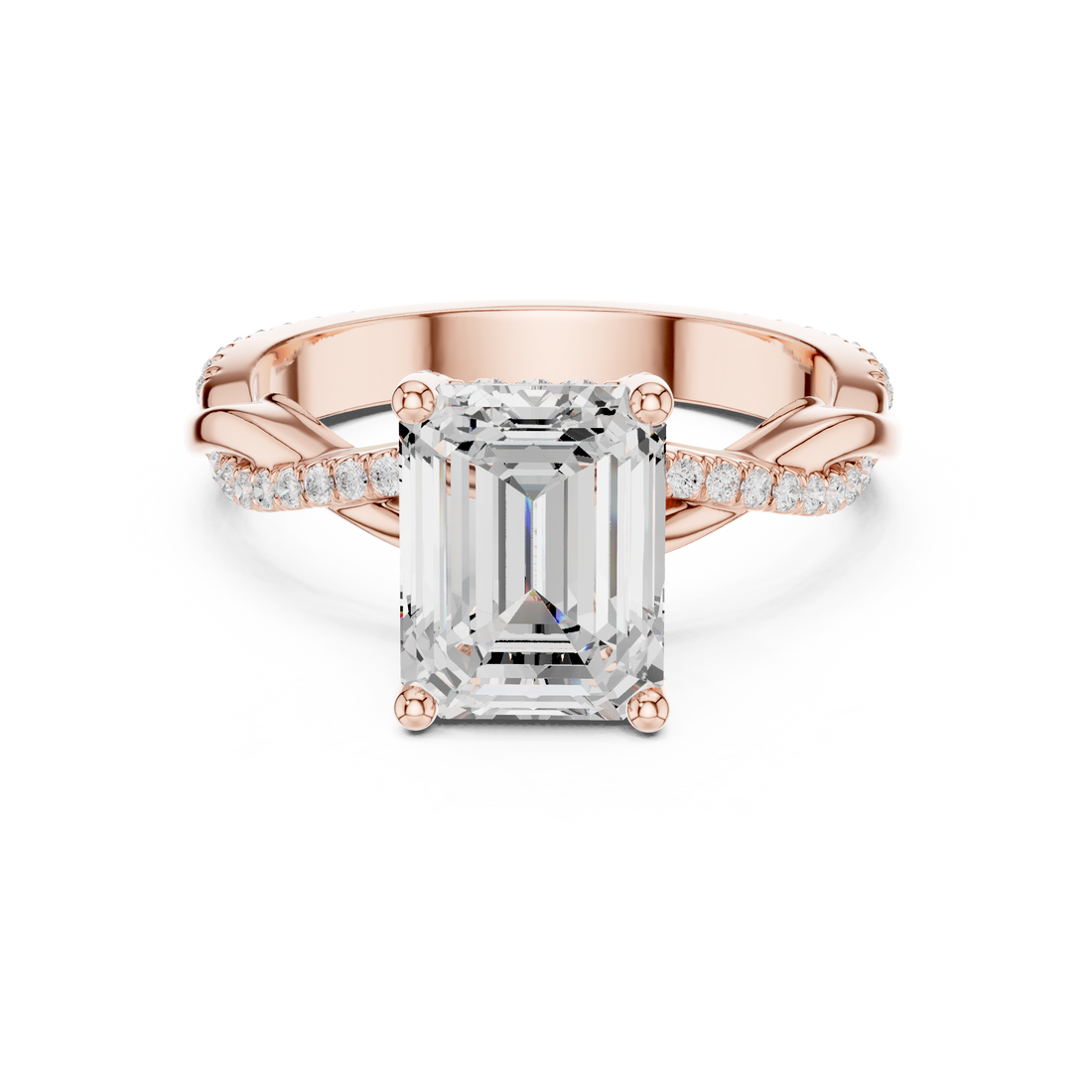 Sparkling Emerald Cut Diamond Twist Band Engagement Ring close-up accent detail