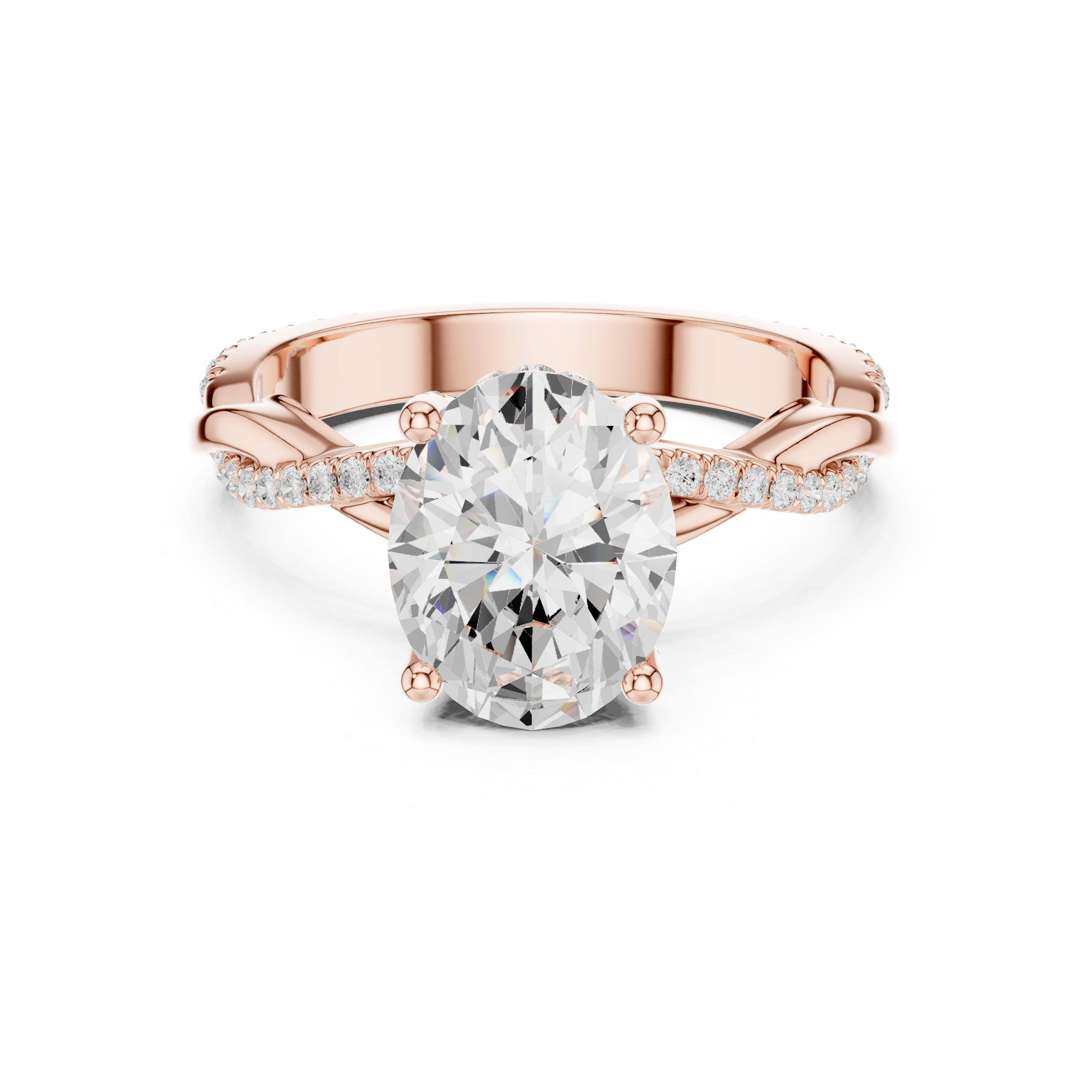 Sparkling Oval Cut Diamond Twist Band Engagement Ring with Pavé Diamonds close-up accent detail