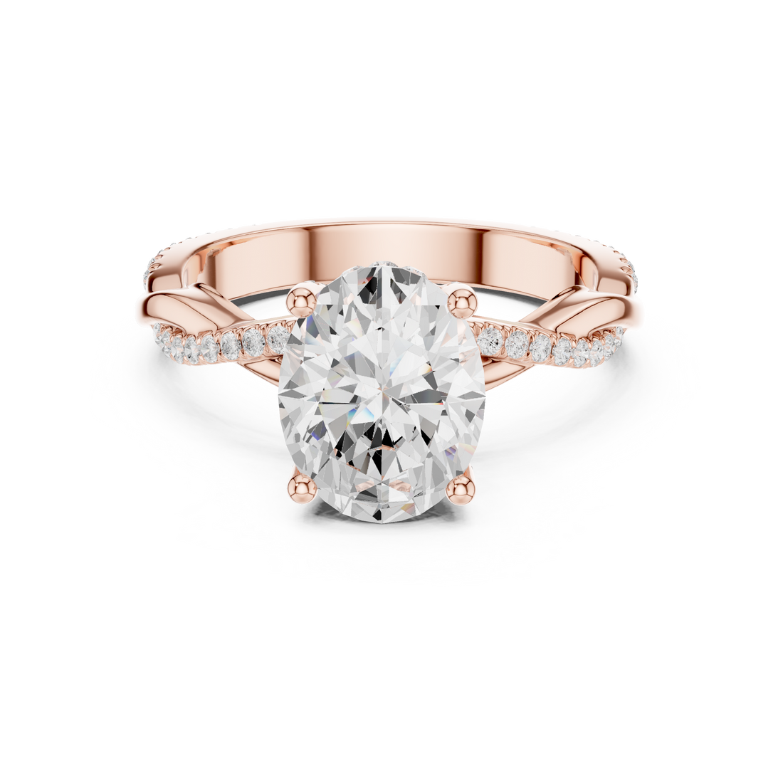 Sparkling Oval Cut Diamond Twist Band Engagement Ring with Pavé Diamonds close-up accent detail