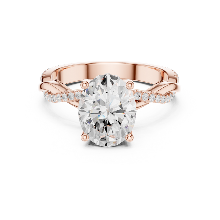 Sparkling Oval Cut Diamond Twist Band Engagement Ring with Pavé Diamonds close-up accent detail