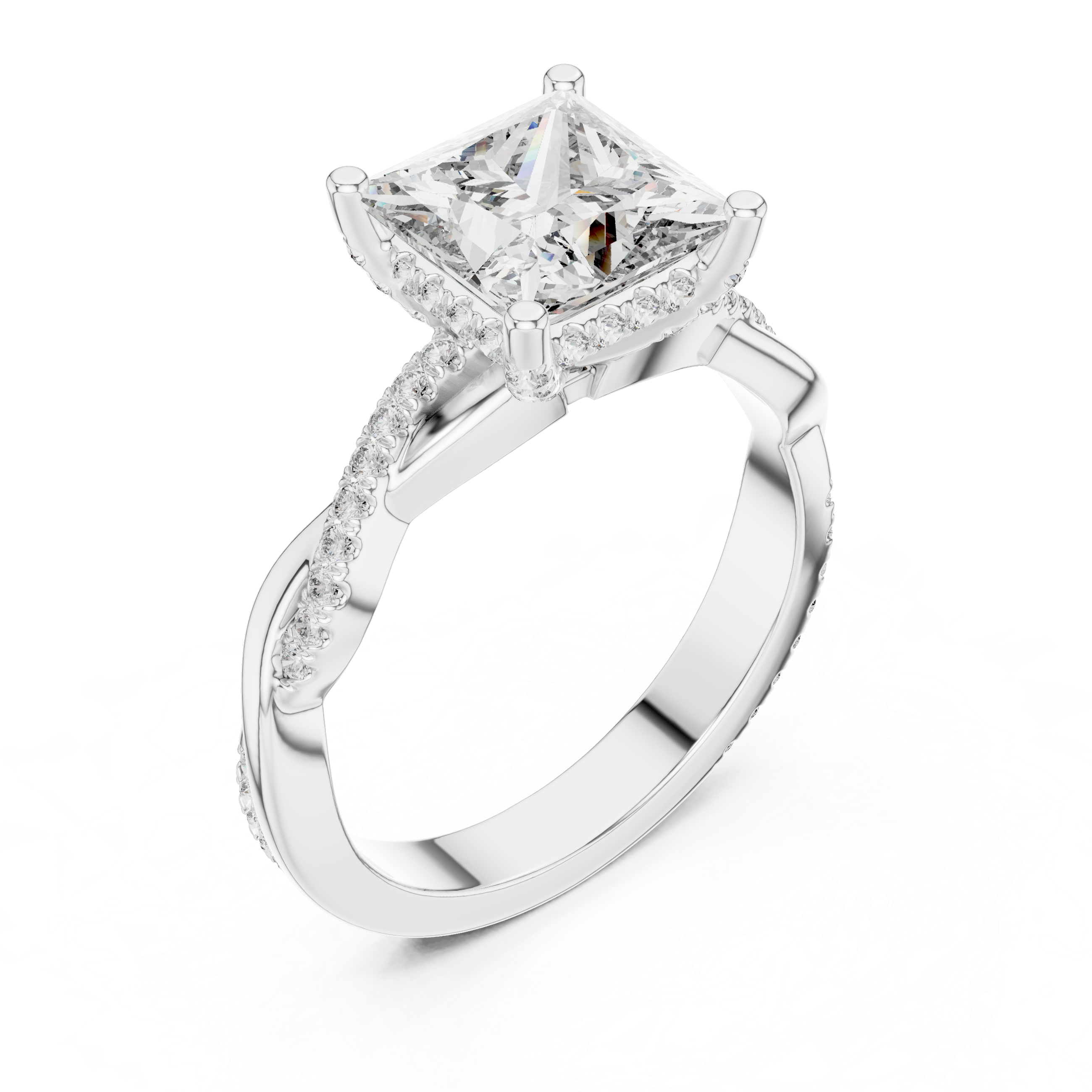 Princess Cut Diamond Solitaire Engagement Ring with Twisted Pavé Band