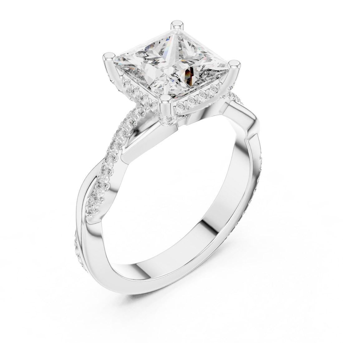 Princess Cut Diamond Solitaire Engagement Ring with Twisted Pavé Band