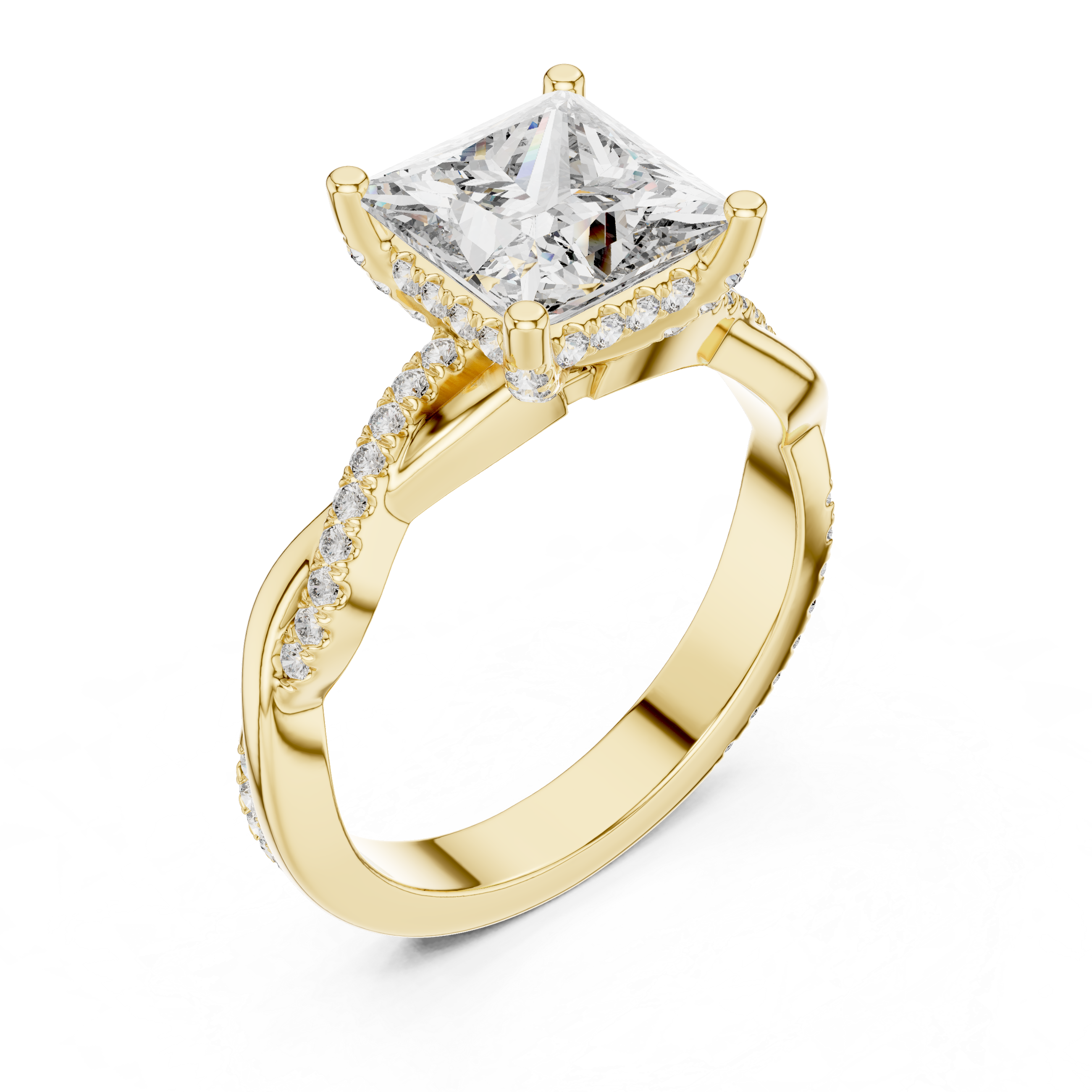 Princess Cut Diamond Solitaire Engagement Ring with Twisted Pavé Band