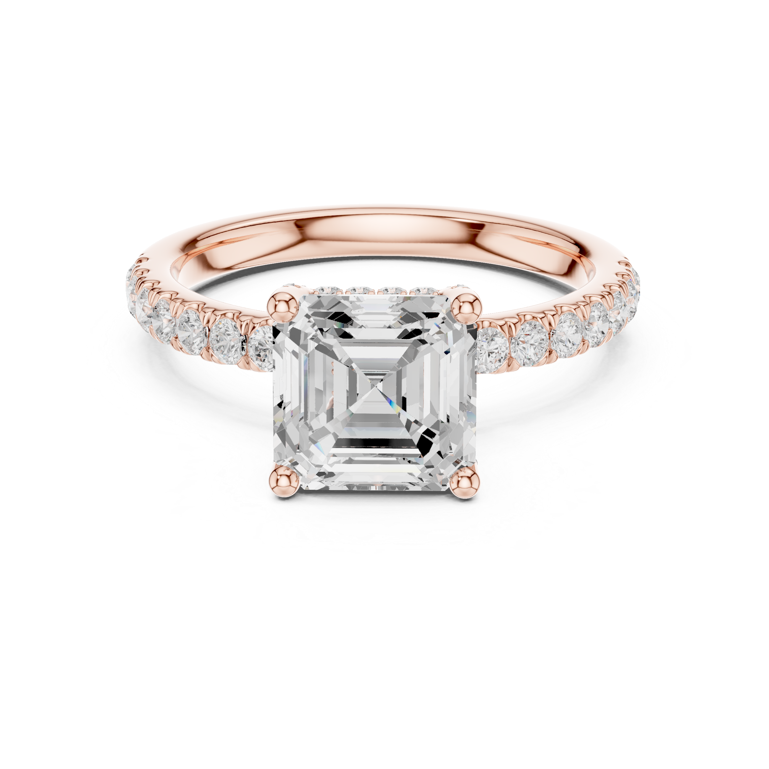 Sparkling Asscher Cut Diamond Solitaire Ring with Pavé Diamond Band close-up accent detail
