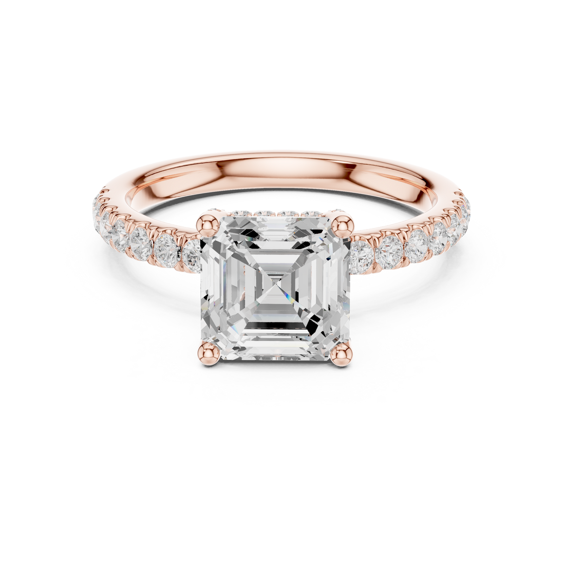 Sparkling Asscher Cut Diamond Solitaire Ring with Pavé Diamond Band close-up accent detail