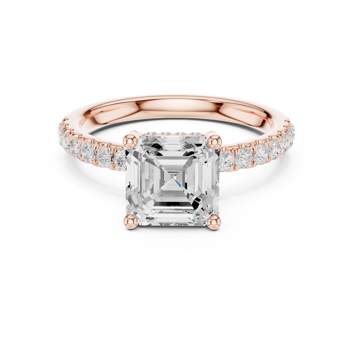 Sparkling Asscher Cut Diamond Solitaire Ring with Pavé Diamond Band close-up accent detail
