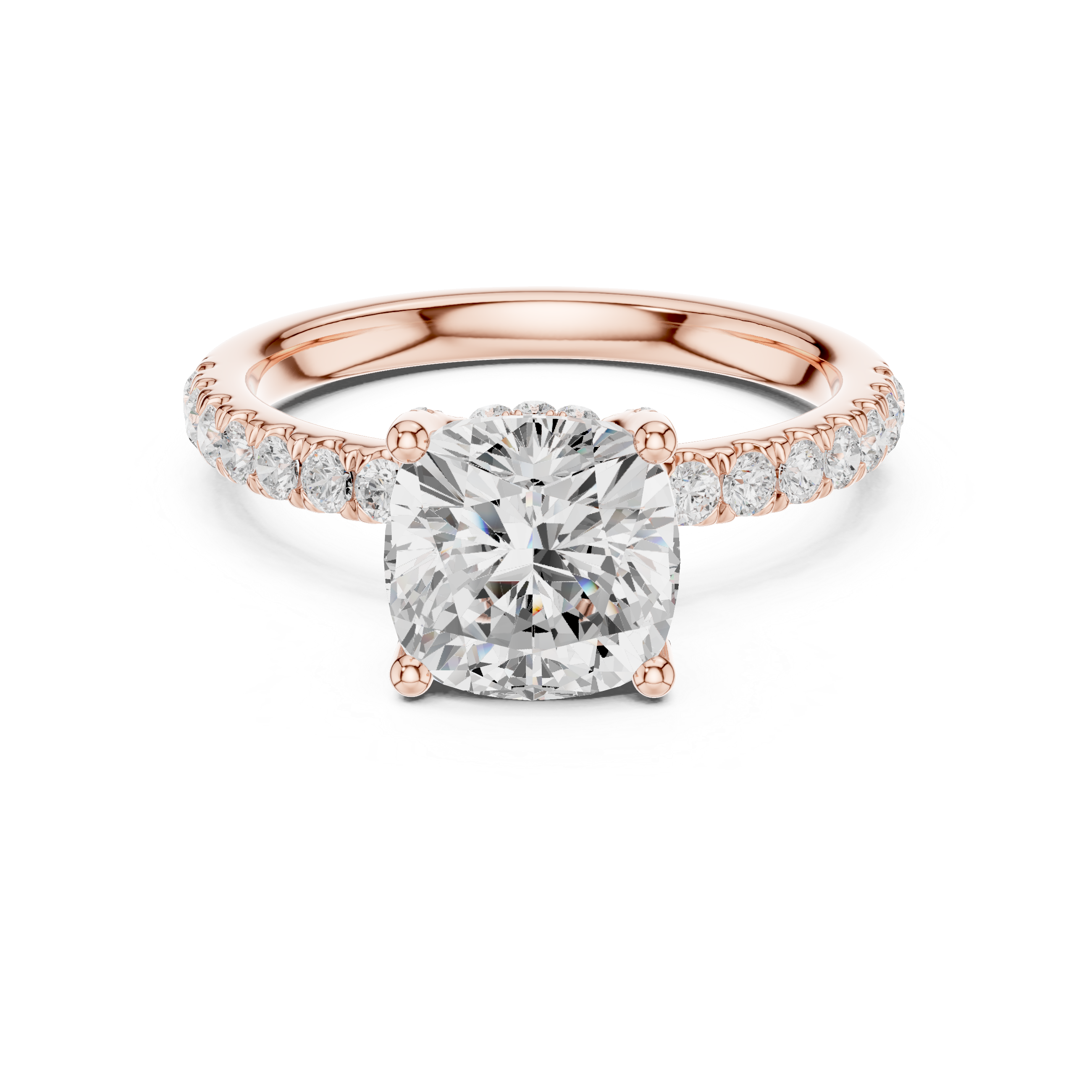 Sparkling Cushion Cut Diamond Engagement Ring with Pavé Diamond Band close-up accent detail