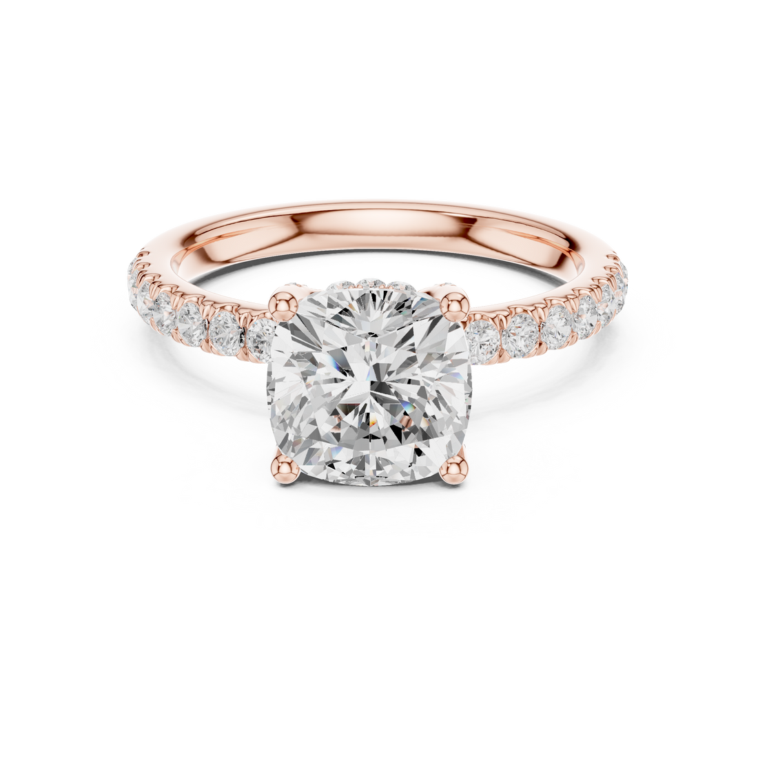 Sparkling Cushion Cut Diamond Engagement Ring with Pavé Diamond Band close-up accent detail