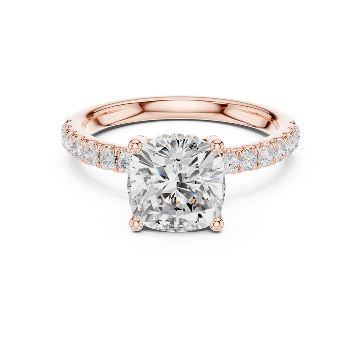 Sparkling Cushion Cut Diamond Engagement Ring with Pavé Diamond Band close-up accent detail