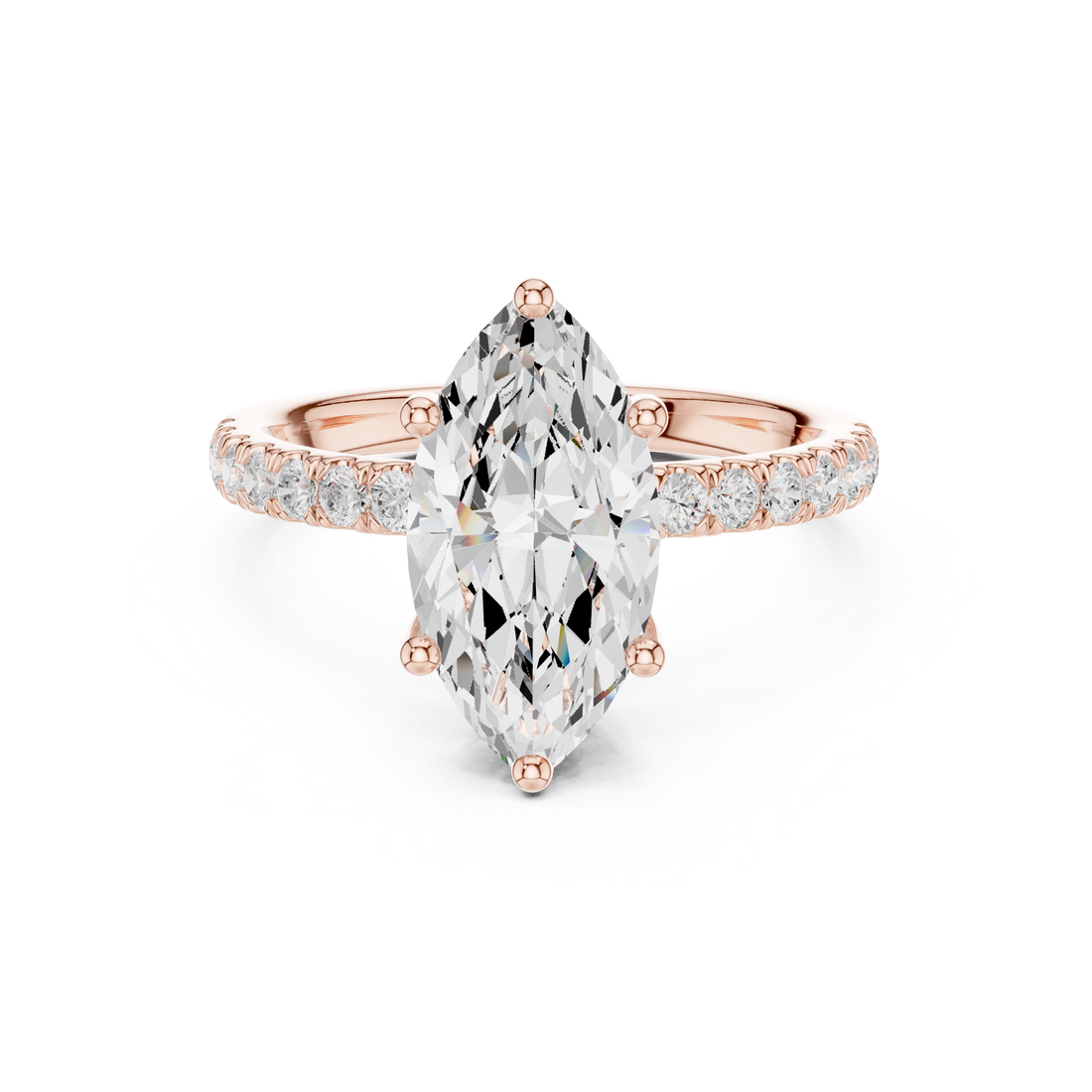 Sparkling Marquise Cut Diamond Engagement Ring with Pavé Diamond Band close-up accent detail