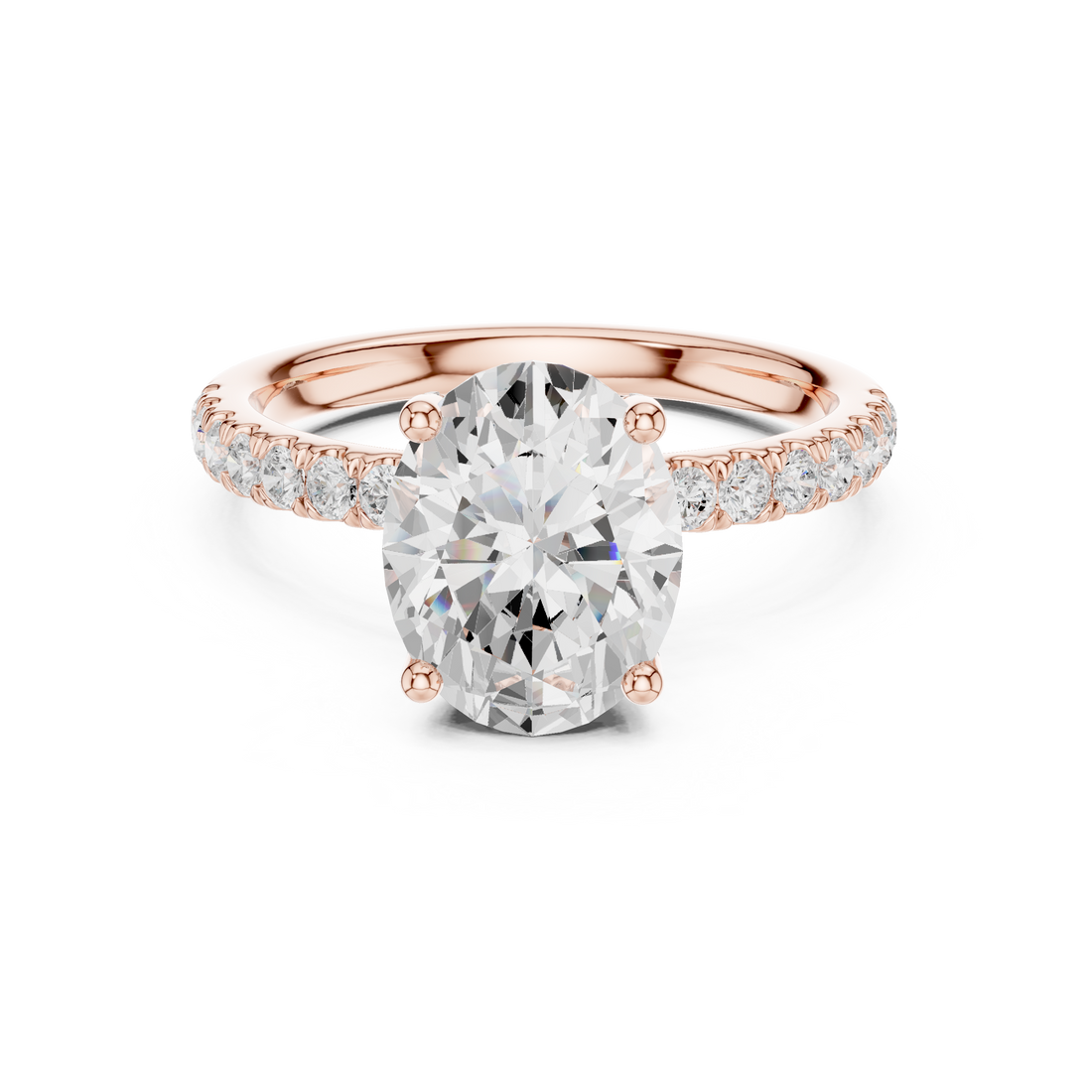 Sparkling Oval Cut Diamond Solitaire Engagement Ring with Pavé Band close-up accent detail