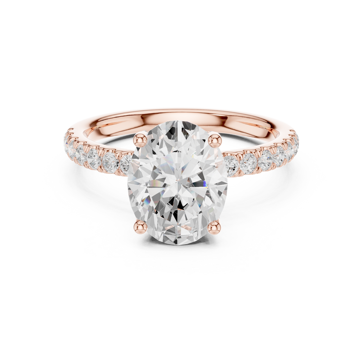 Sparkling Oval Cut Diamond Solitaire Engagement Ring with Pavé Band close-up accent detail