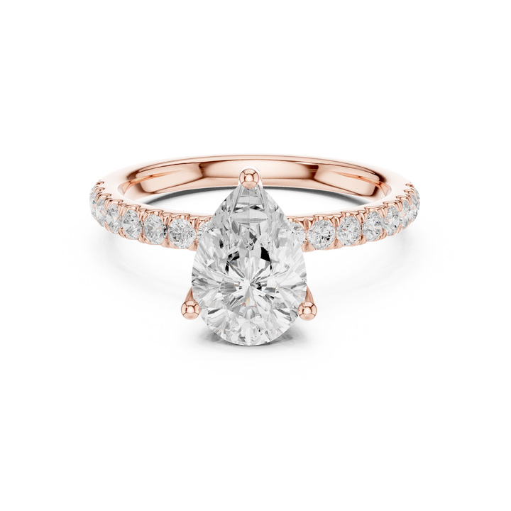 Sparkling Pear Cut Diamond Engagement Ring with Pavé Diamond Band close-up accent detail