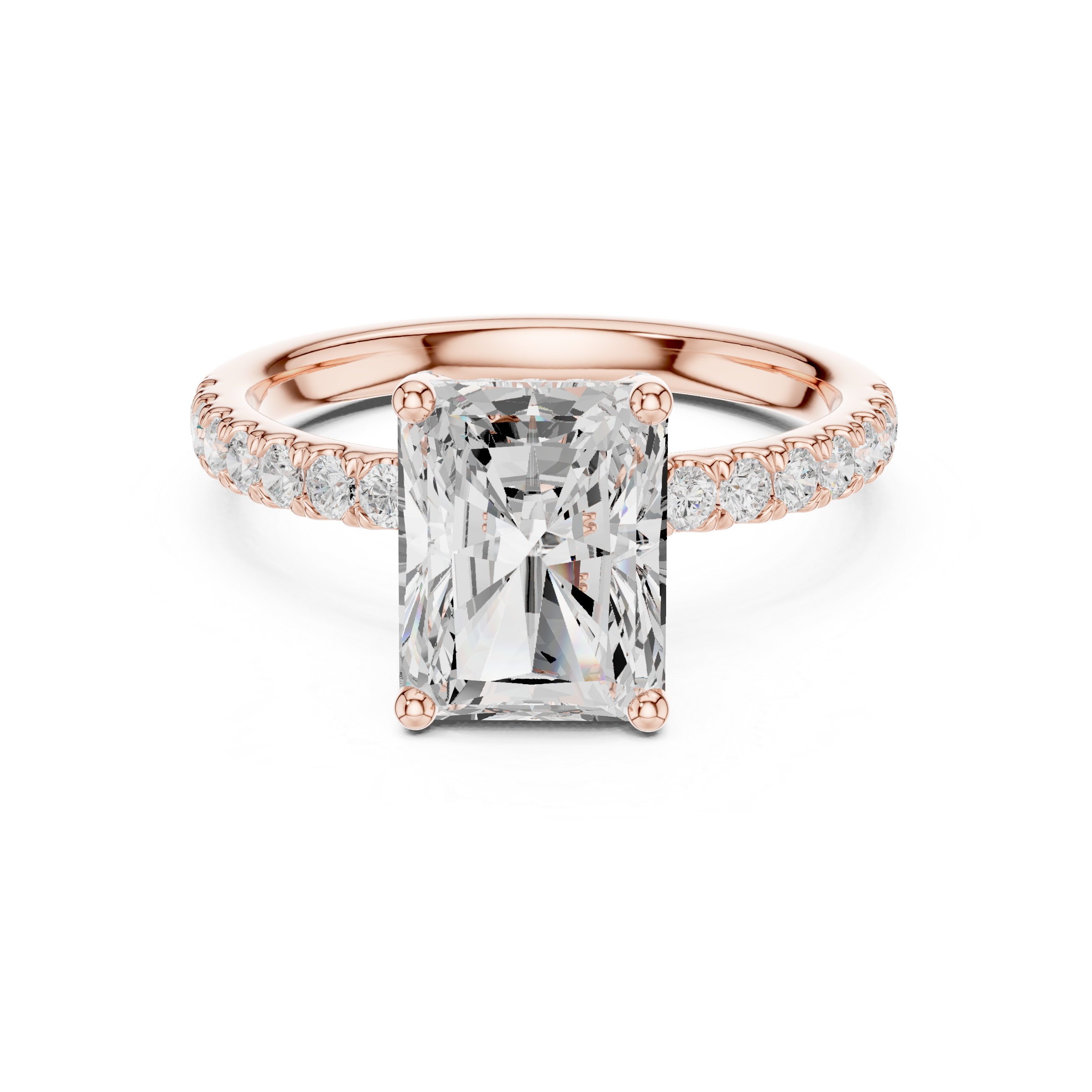 Sparkling Radiant Cut Diamond Engagement Ring with Pavé Diamond Band close-up accent detail